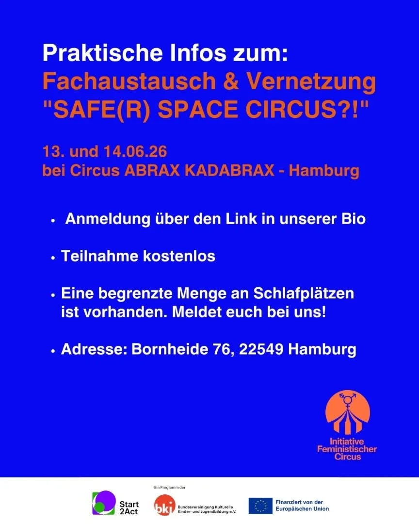 Lust, bei unserem Fachaustausch zum Thema "Safe(r) Space Circus?!" am 13. und 14.06. in Hamburg dabeizusein? Melde dich jetzt &uuml;ber den Link in unserer Bio an!

#circus #circuseverydamday  #awareness #saferspacesf&uuml;ralle #feminism