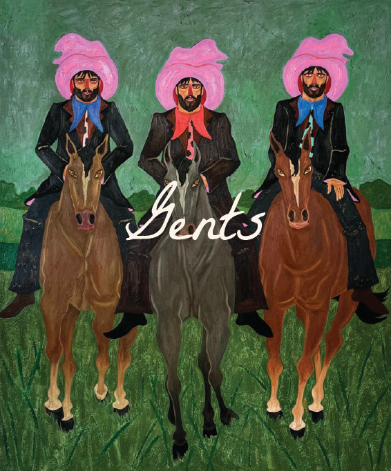 Painting of three men wearing pink hats, black coats, and colorful scarves, riding horses on a grassy field with a green background, with the word 'Bents' written across the front.