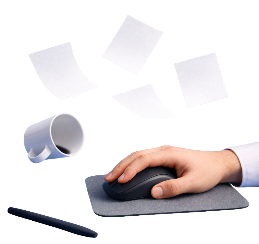 Symbolische Illustration für Designstress im Arbeitsalltag von Selbstständigen – überforderte To-do-Listen, Chaos und fehlende Struktur im Designprozess