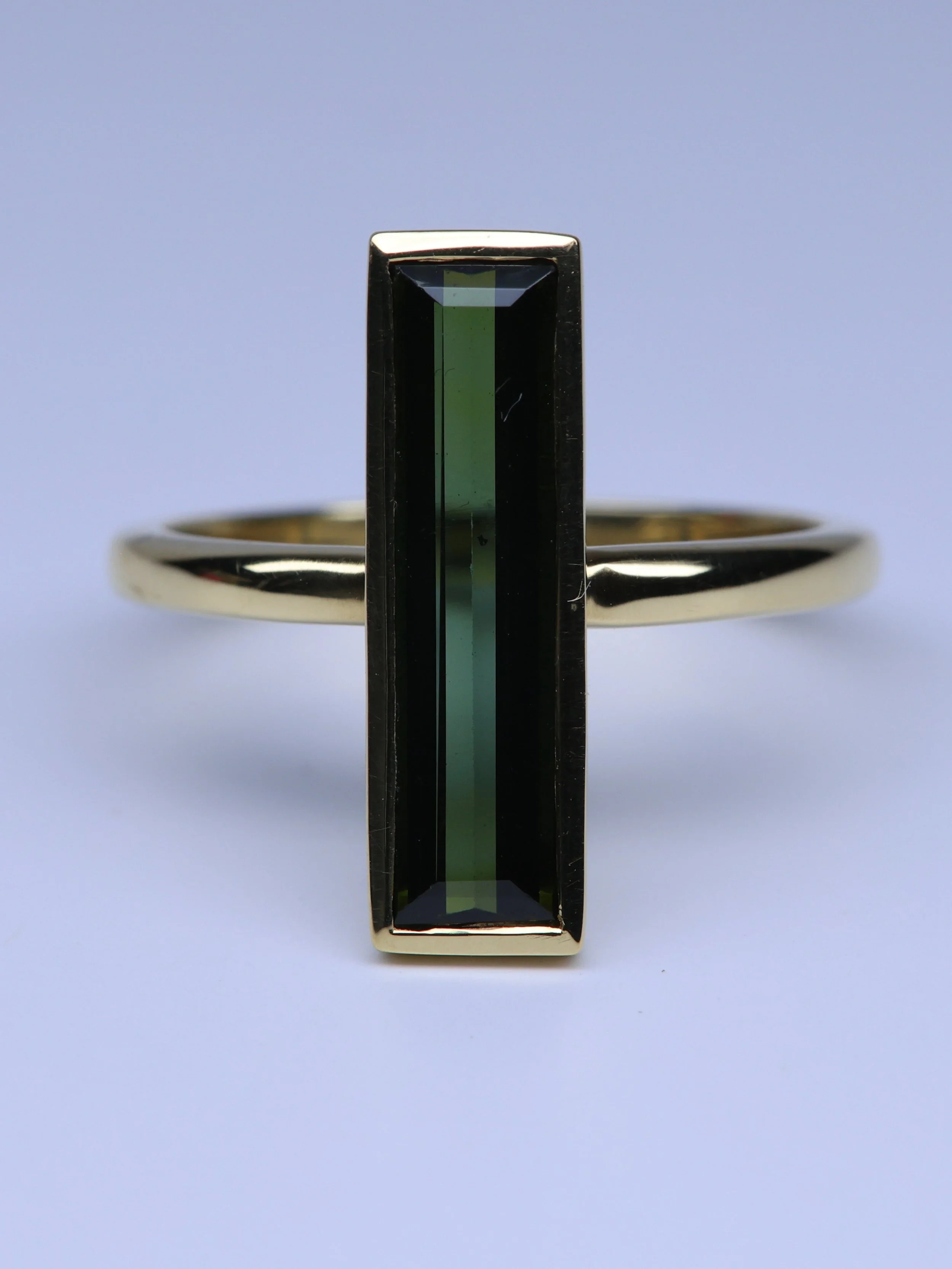 Deep Green Tourmaline Baguette 18k Yellow Gold Ring