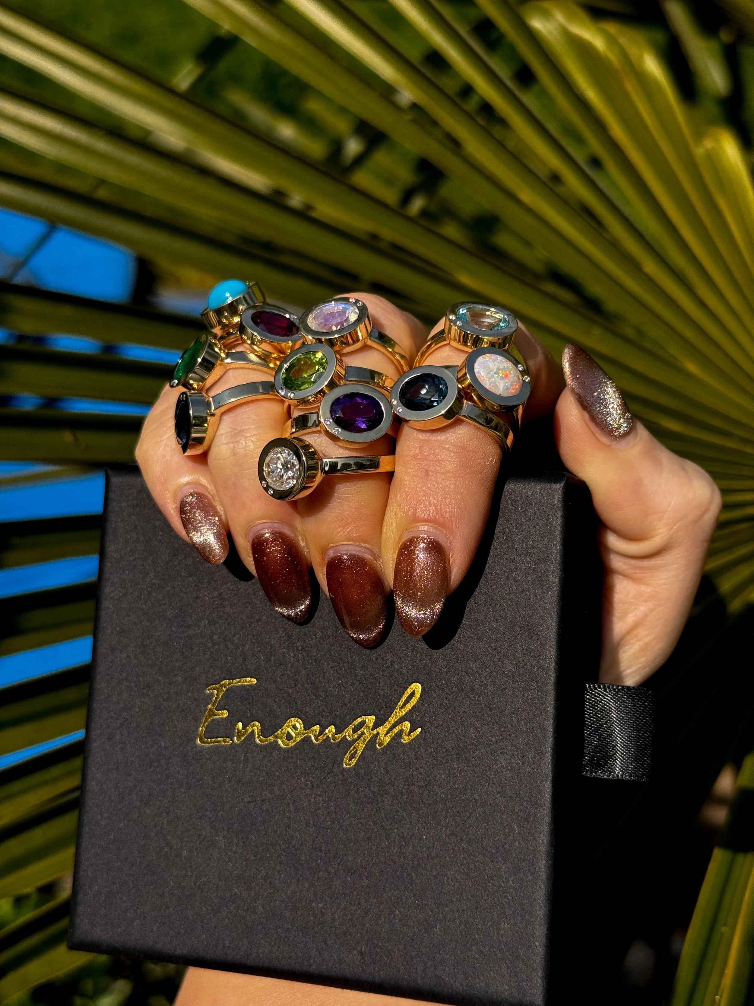 Hand holding a black box with gold script reading 'Enough,' adorned with multiple rings with colorful gemstones, against a background of green palm leaves.
