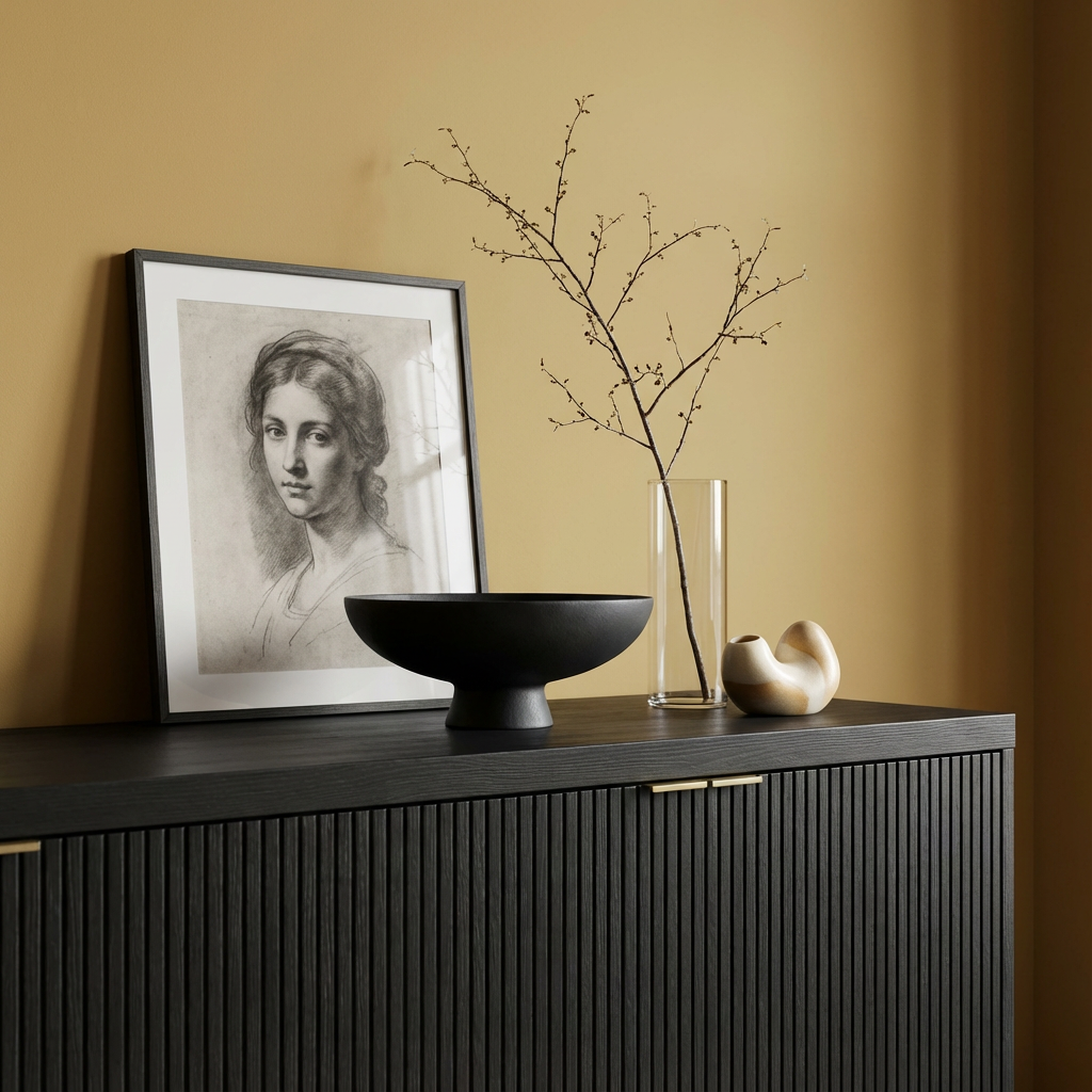 gelbe-wand-interieur-sideboard-dunkles-holz.png