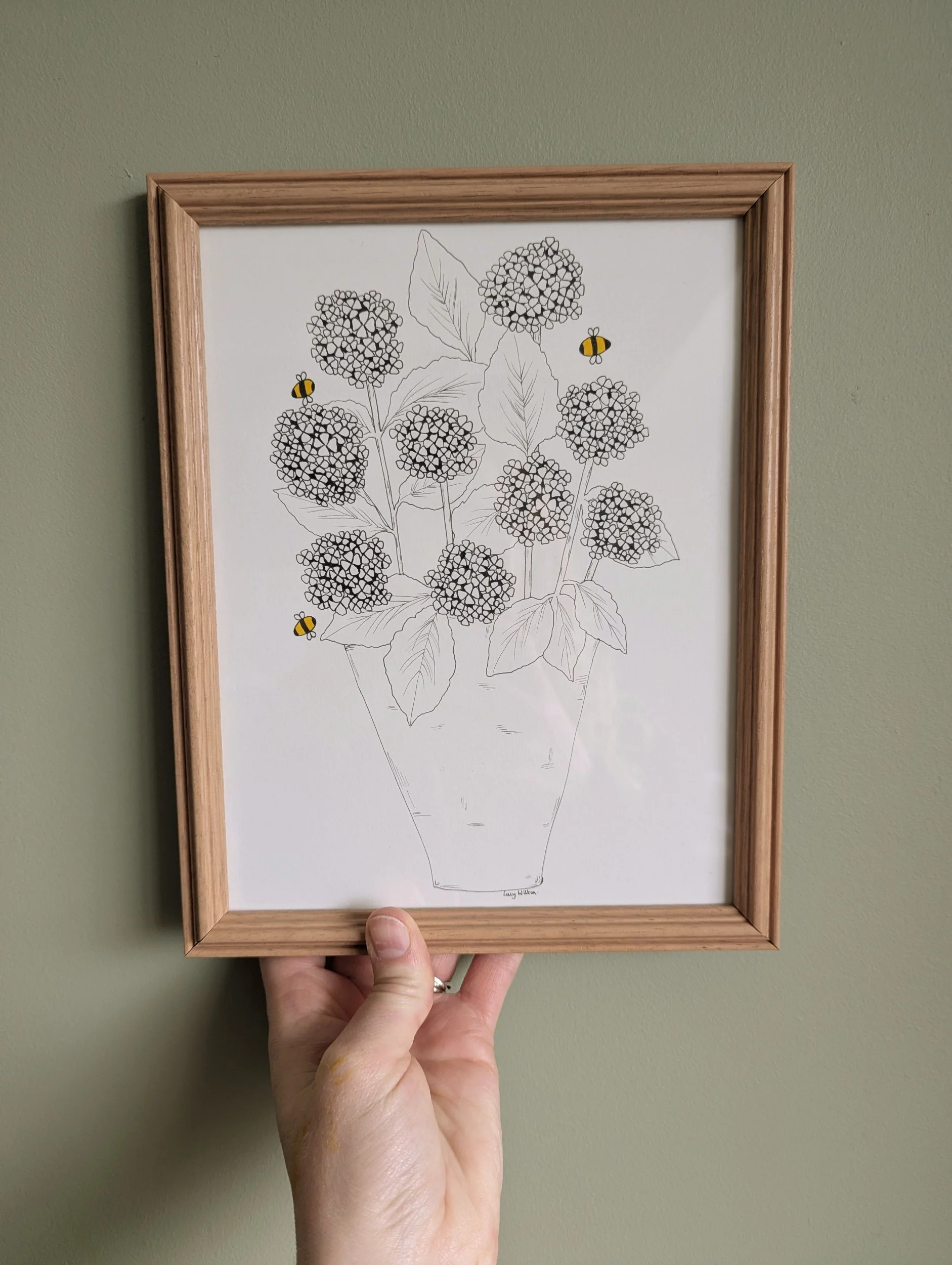 Hydrangeas at dusk original botanical bee artwork