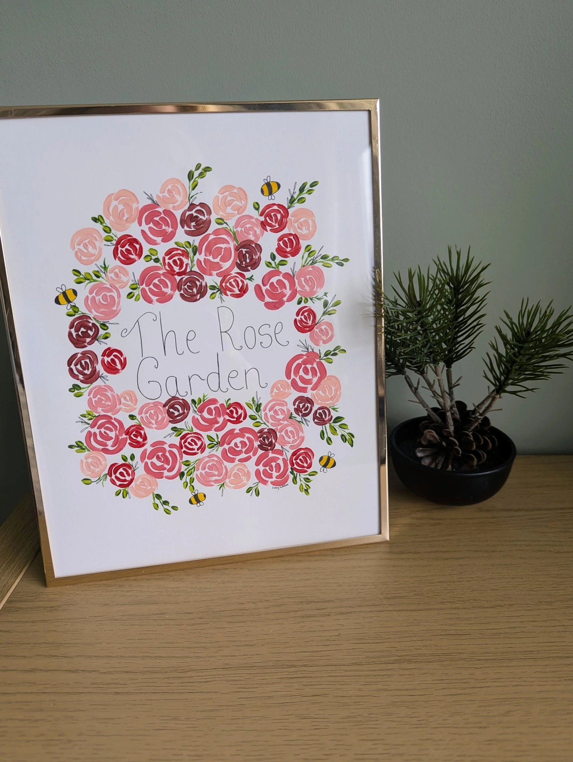 The rose garden original botanical bee artwork