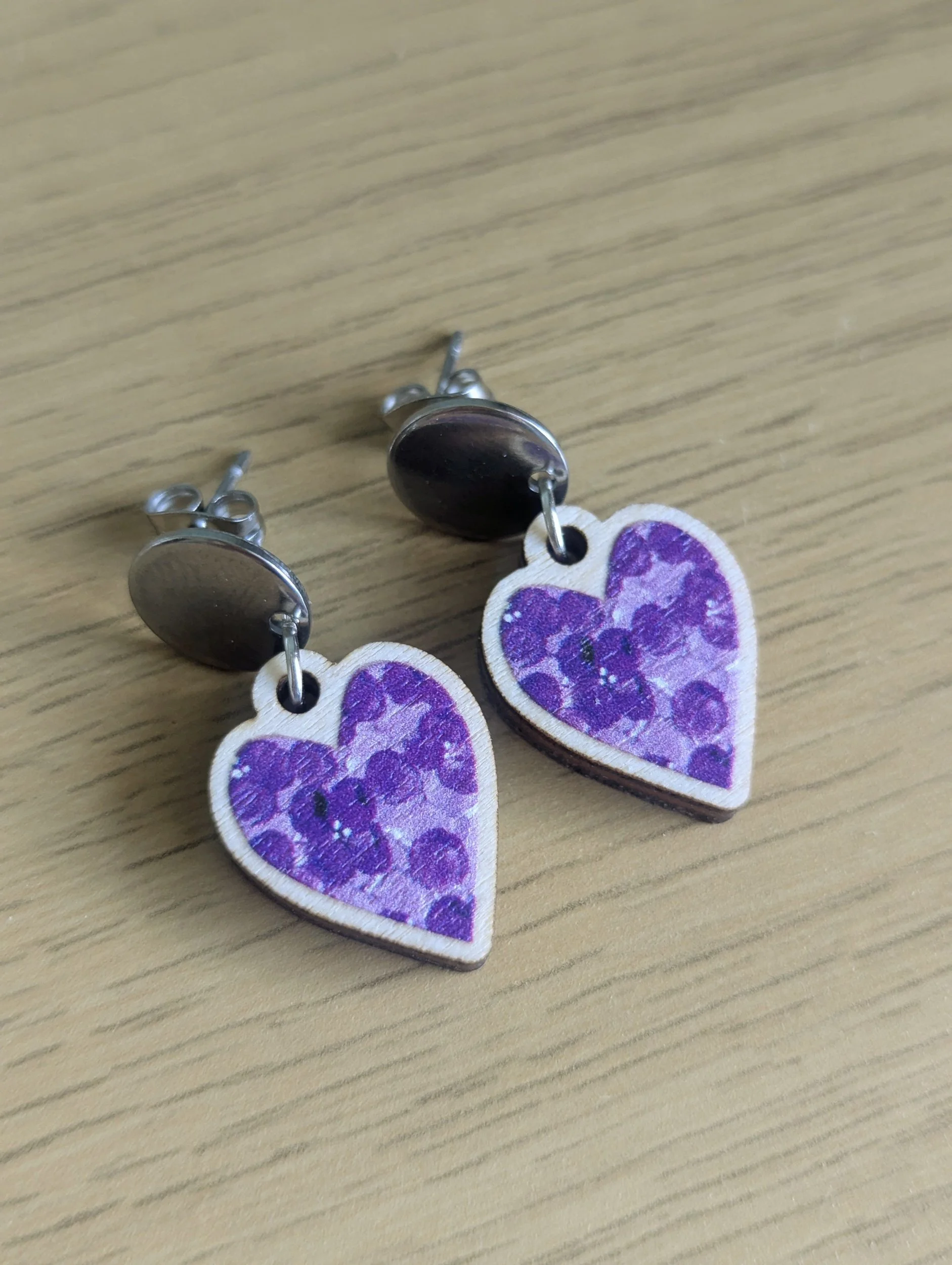 Wooden botanical earrings- purple hearts