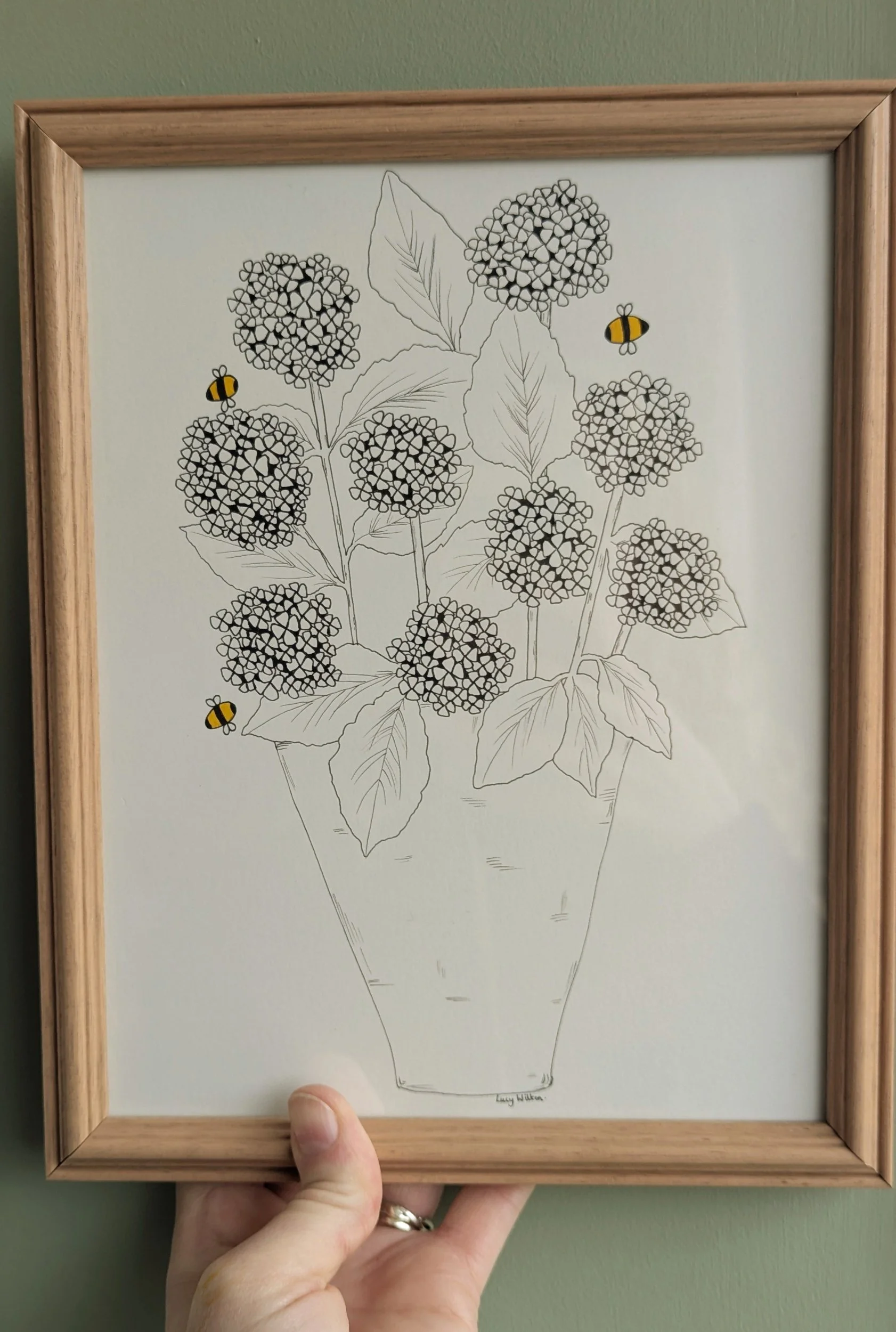 Hydrangeas at dusk original botanical bee artwork