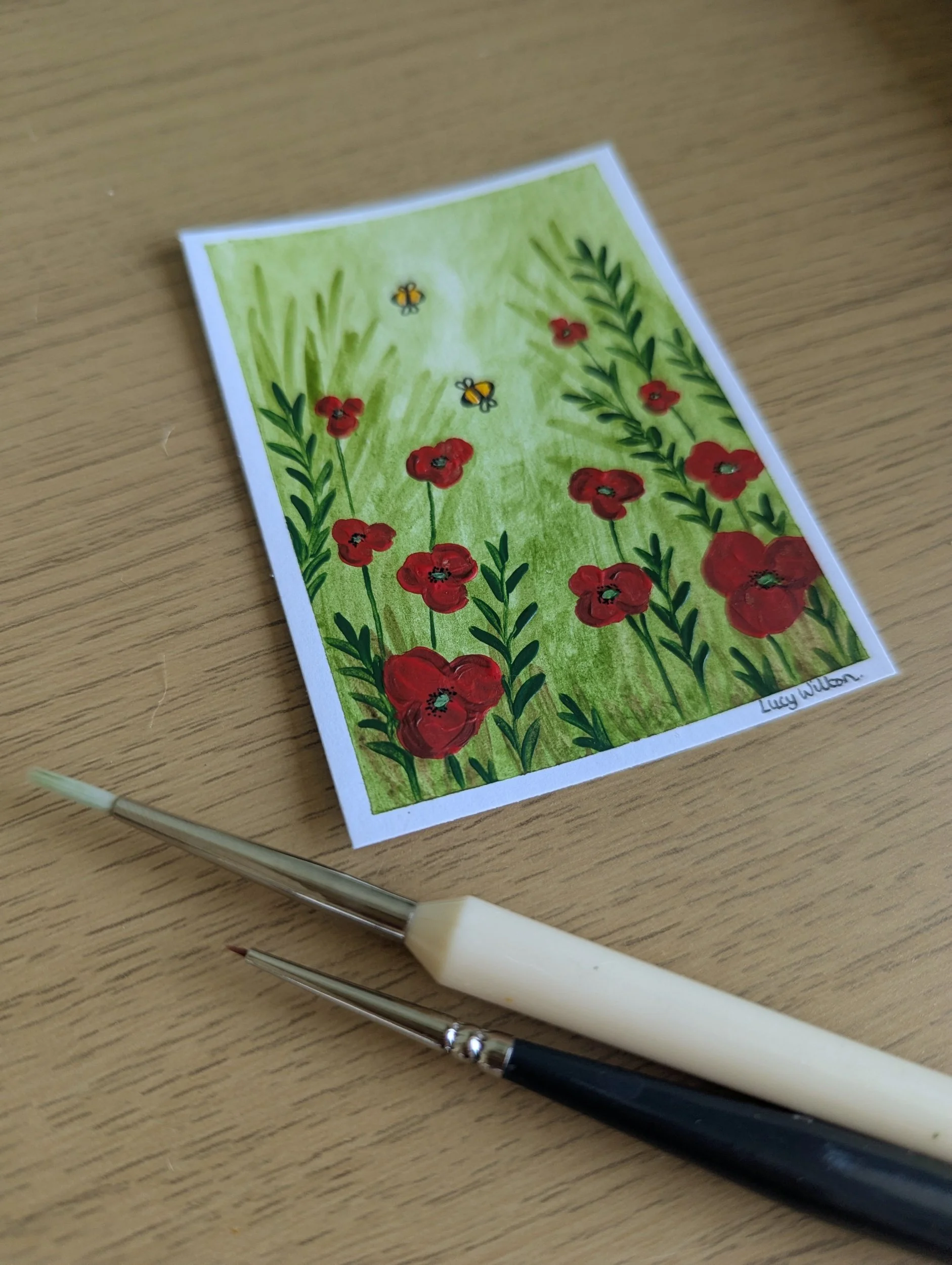 Mini Botanical ACEO Painting - Poppy fields