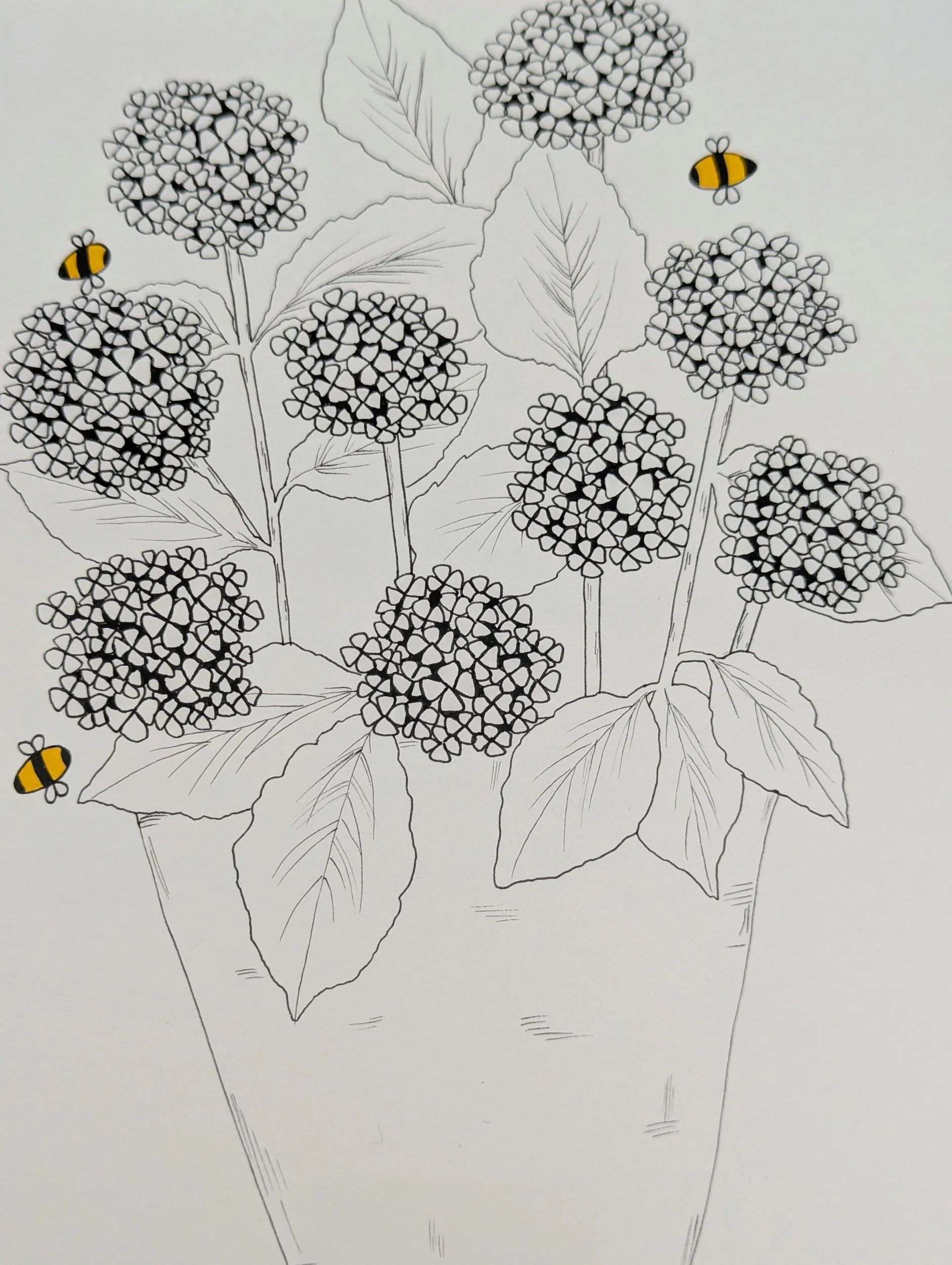 Hydrangeas at dusk original botanical bee artwork