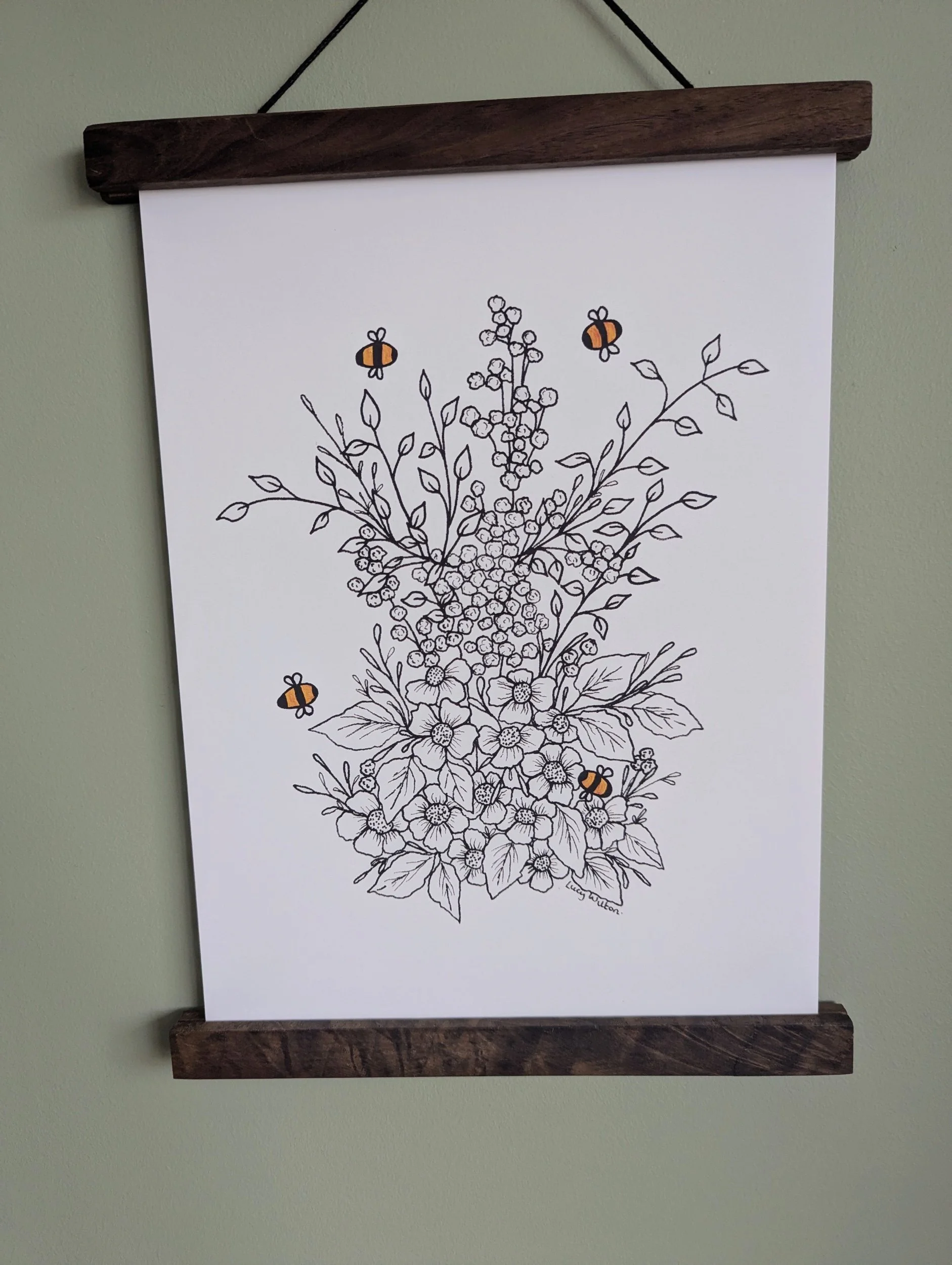 hand-drawn botanical fine line bee illustration print by Lucy Wilton