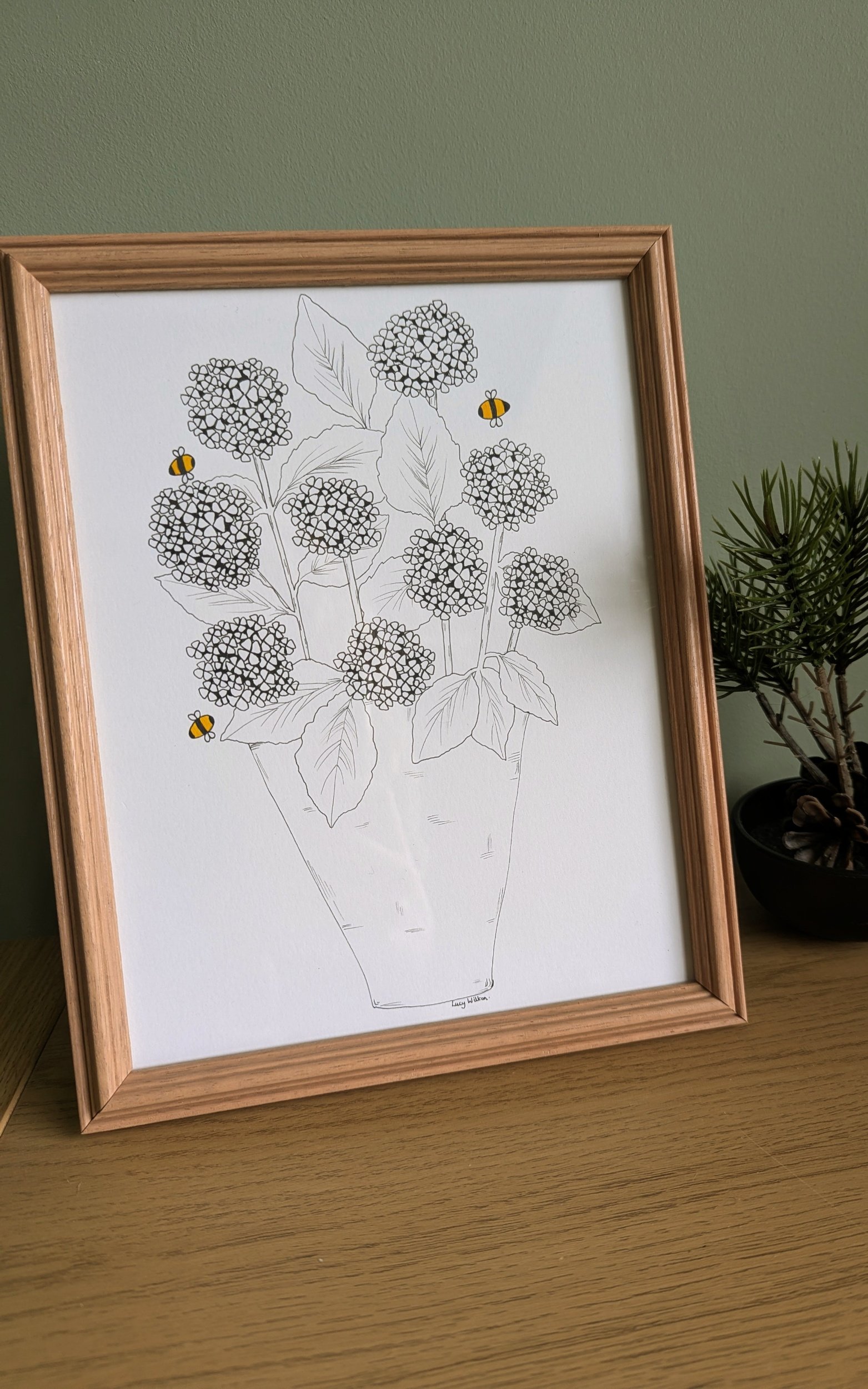 Hydrangeas at dusk original botanical bee artwork
