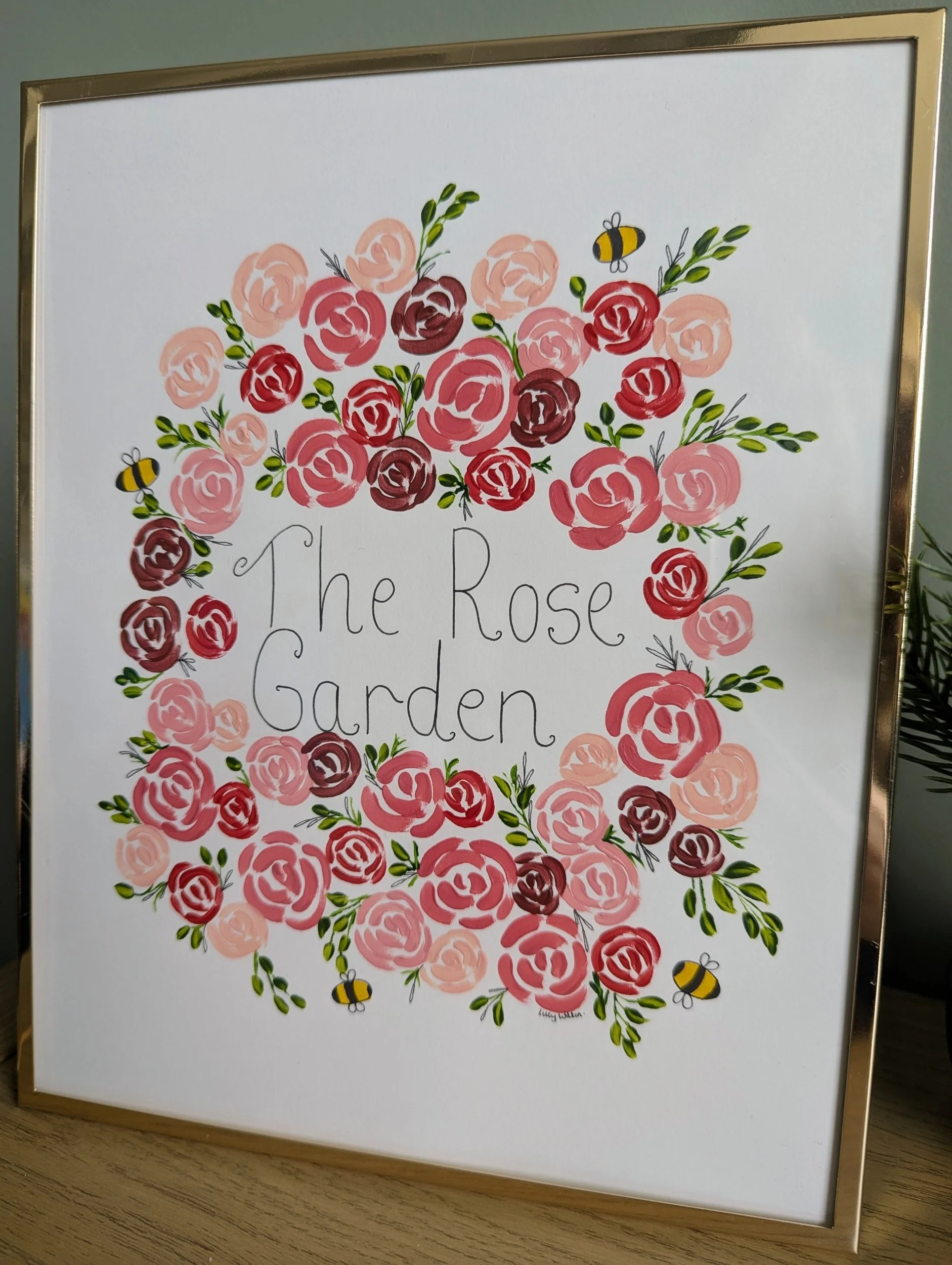 The rose garden original botanical bee artwork