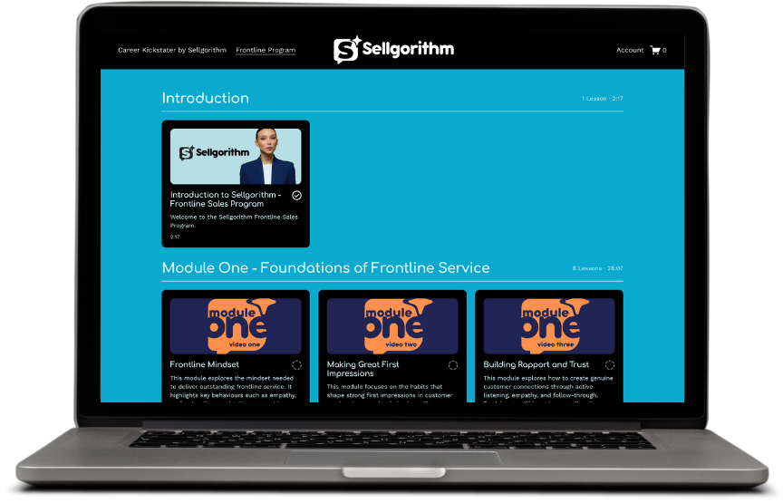 Screenshot of an online training platform called Sellgorithm with course modules on front-line sales, including introduction and foundational topics.