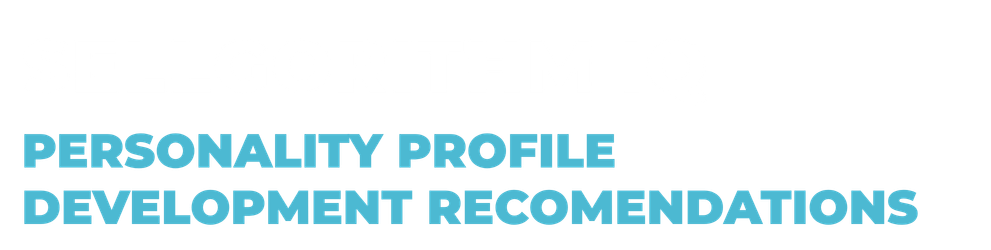 Text-based graphic showing the words "SELL GORITHM IQ" on top, followed by "PERSONALITY PROFILE" and "DEVELOPMENT RECOMMENDATIONS" in bold blue text on a black background.