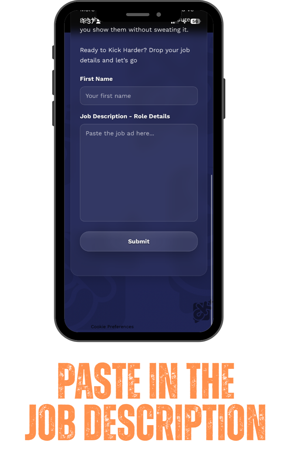 A smartphone screen displaying a job application form with fields for first name and job description, and a submit button.