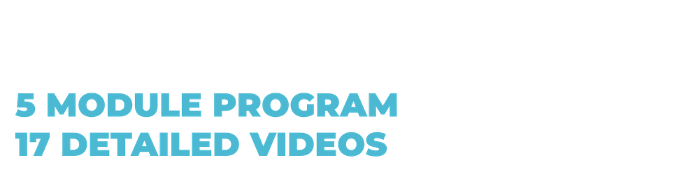 Text-based infographic about learning modules highlighting 5 modules, a 17-video program, with a black background and colorful text.