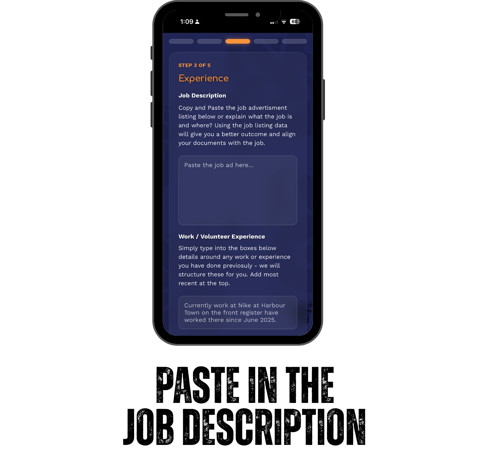 Smartphone screen displaying a step-by-step job experience form with sections for job description and volunteer experience, on a dark background.