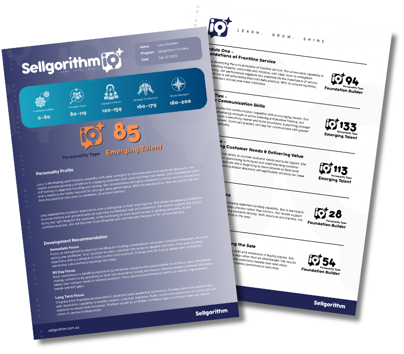 Two sheets of paper, one with an SEO report from Sellgorithm and the other with a course outline. The report displays a personality type score of 85, labeled 'Emerging Talent,' and the outline lists modules and skills related to frontend service, communication, customer needs, the sales sale, and foundational builder.