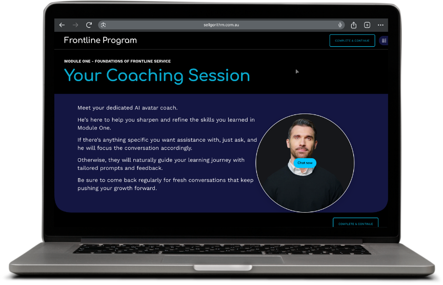 Laptop screen displaying a coaching session webpage with a photo of a man and a chat button.