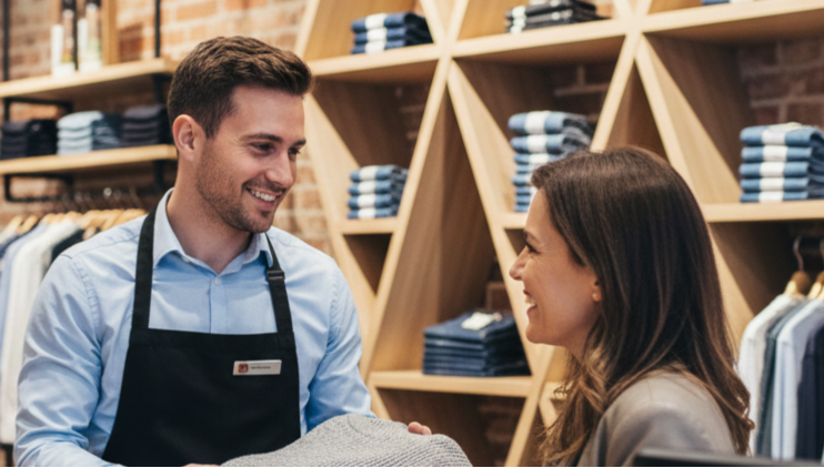 A store employee assisting a female customer with clothing in a retail clothing store.