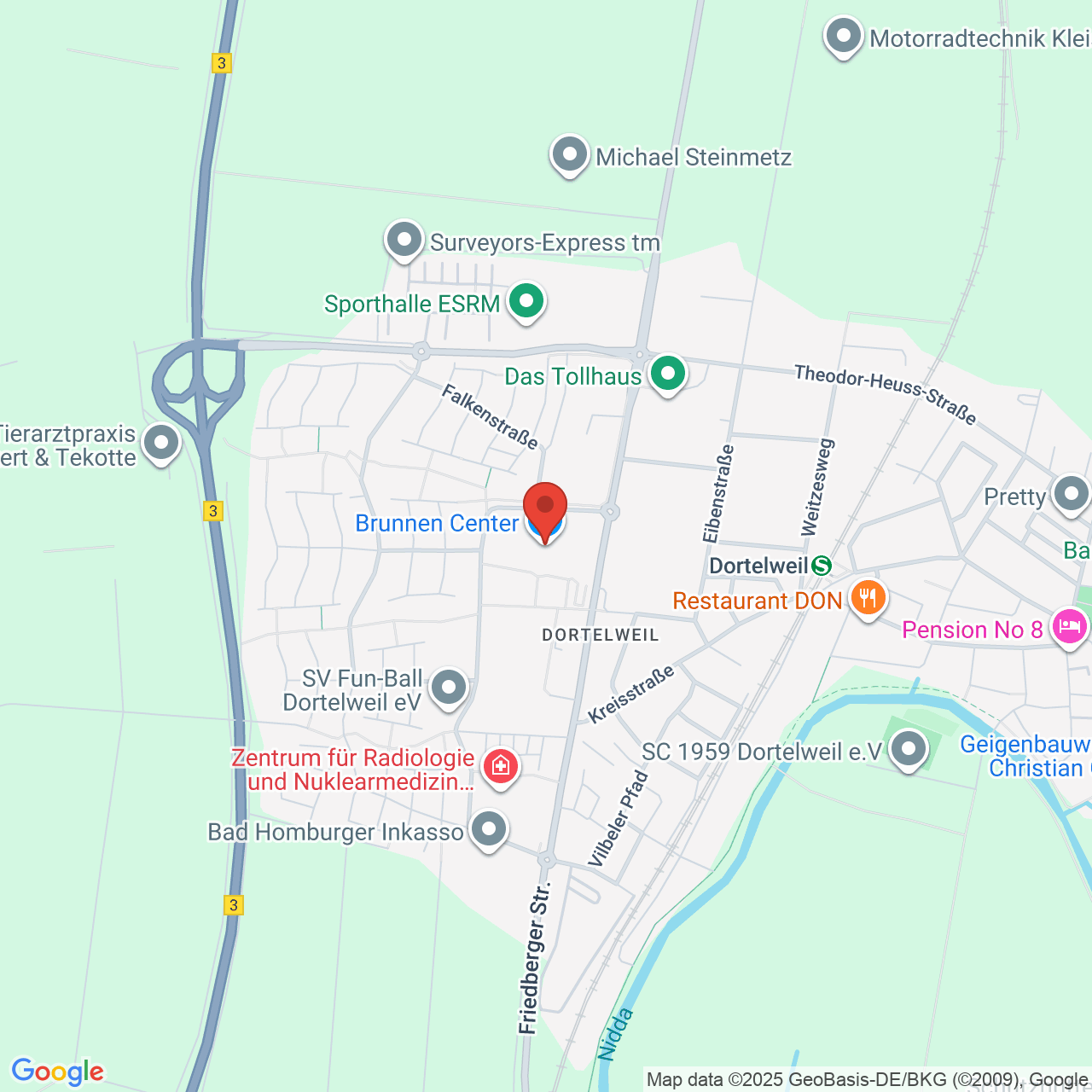 Google Maps driving directions to the KJP practice of Dr. Antje Koulechov in the Brunnencenter Bad Vilbel (Dortelweil), with S-Bahn stop and B3 access, close to ESRM & ISRM international schools.
