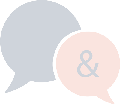 Two speech bubbles, one gray and one pink, with an ampersand in them.