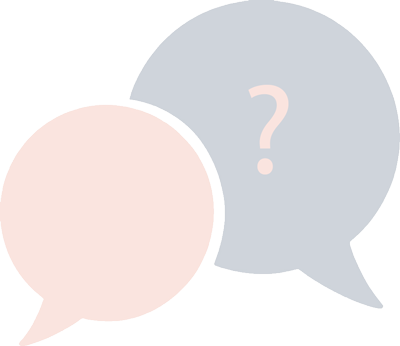 Two speech bubbles, one pink, one gray, with a question mark in the gray speech bubble.