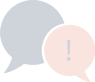 Two speech bubbles, one in grey with an exclamation mark, the other in white with an exclamation mark