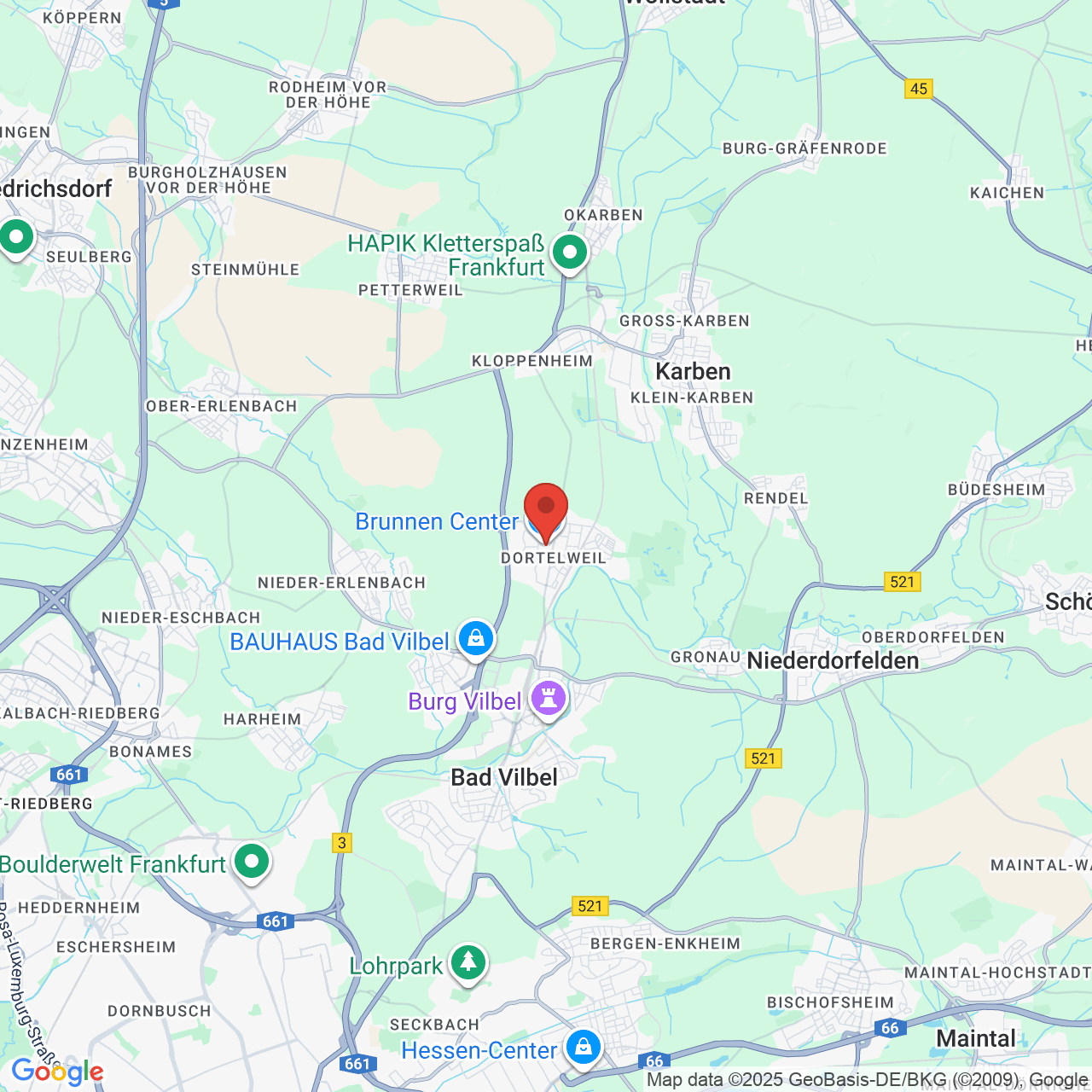 Map with markers for attractions in the Bad Vilbel area, including Brunnen Center, Burg Vilbel, Bauhaus Bad Vilbel, Lohrpark, Hessen-Center, as well as other locations in the greater Frankfurt am Main area.
