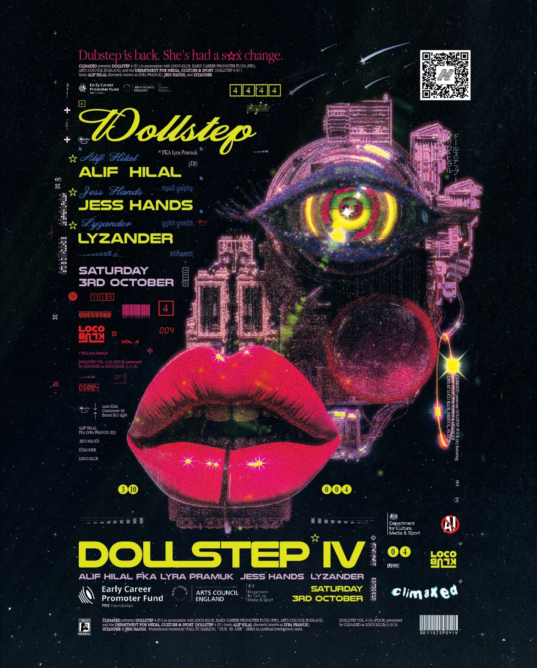 For our 5th Birthday, we present the fourth edition of DOLLSTEP w/ @alif_hilal_ , Jess Hands and @lilianlyzander in the tunnels of @locoklub on the 3rd October.

From the US via Berlin, we bring the priestess of maximalist textures, futurist techno a