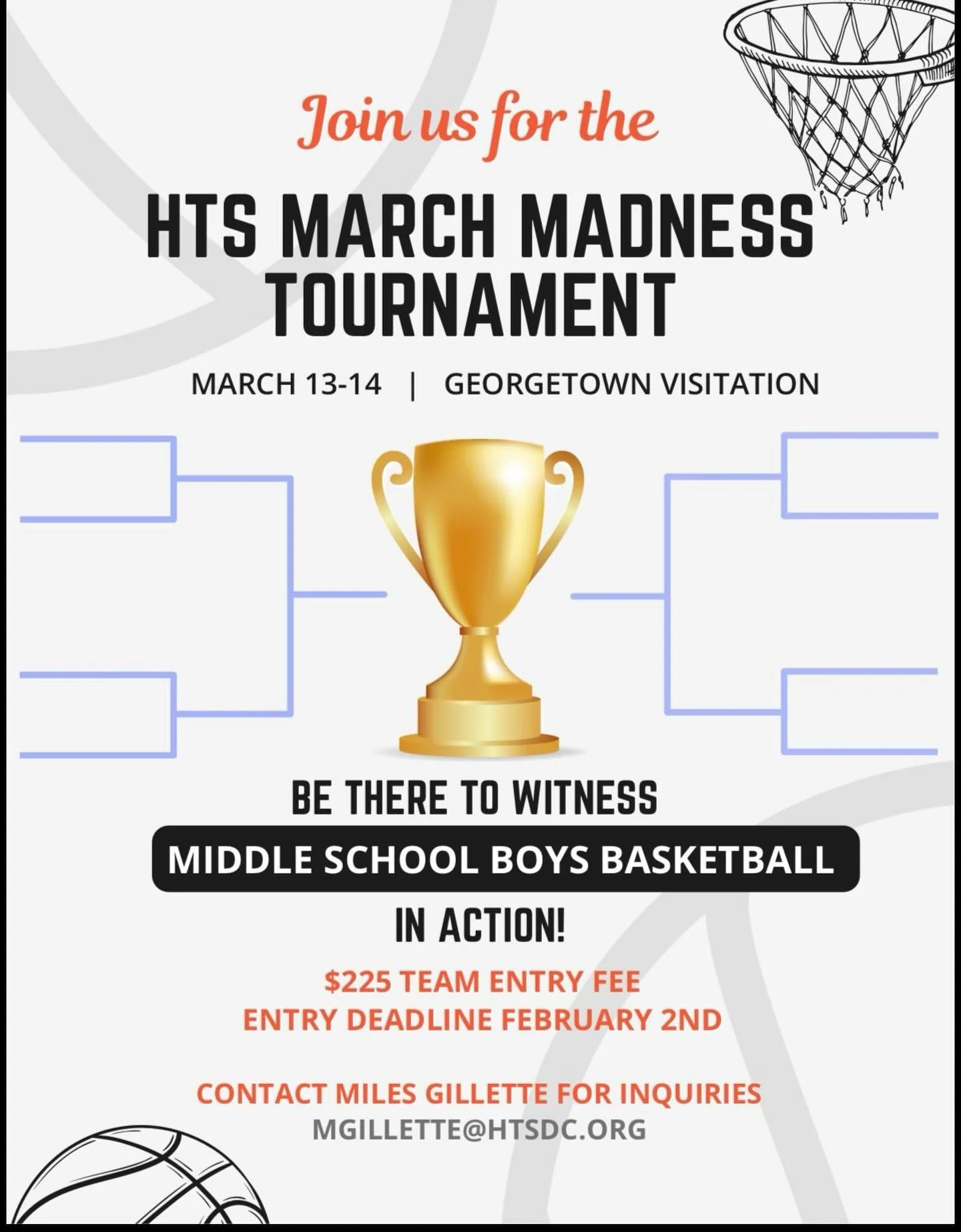 🏀 🏆Get ready for the madness! HTS is hosting a March Madness Tournament for middle school boys basketball on March 13&ndash;14 at Georgetown Visitation.
Bracket play, big competition, and lots of school spirit- you won&rsquo;t want to miss it!