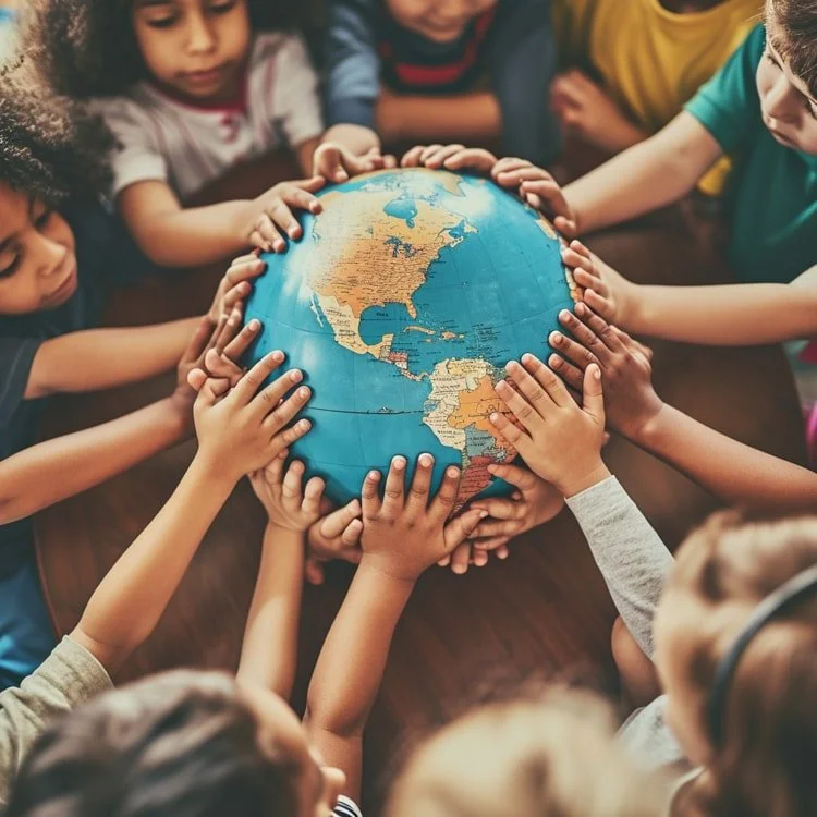 Multiple children from different backgrounds holding a globe together, symbolizing unity and global connection.