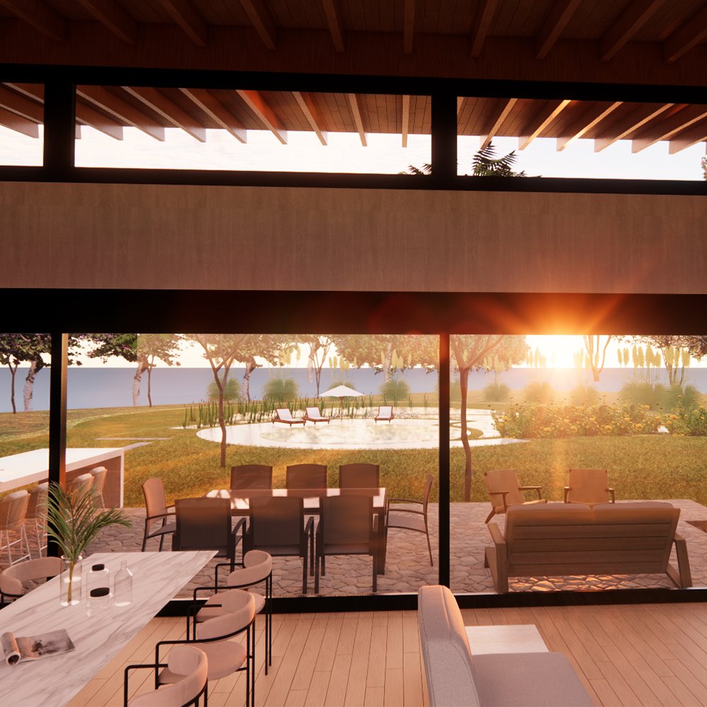 Modern living room with large glass windows overlooking a backyard pool area at sunset, with outdoor seating and a wooden deck.