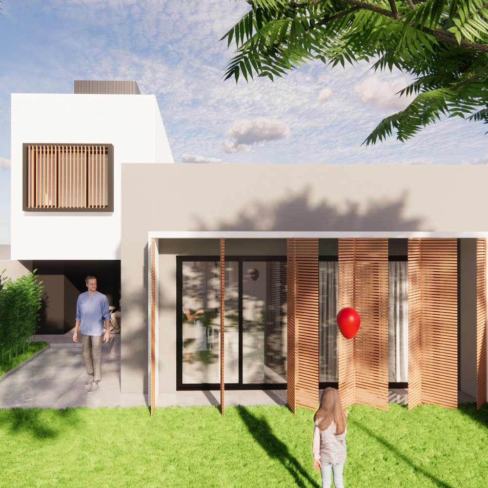 Modern house with white and beige exterior, wooden slats, large glass door, green lawn, a girl with a red balloon, and an man walking on a pathway, under a sky with scattered clouds.