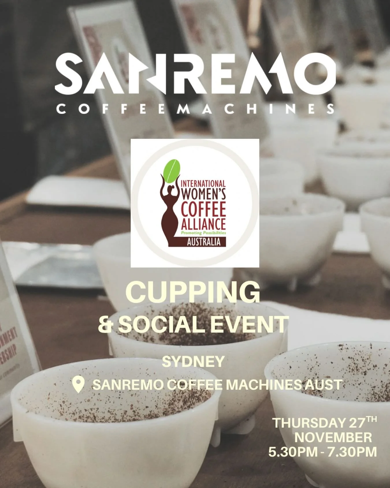 💥End of year collab to celebrate women in coffee! 
✨Excited to share an evening with @sanremoaustralia 
🫶 Come gather round the cupping table and taste some beautiful coffees from women producers across the globe. 
🤝Join us to share in the convers