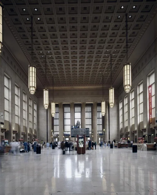 30th Street Station Ceiling view with Art Deco Lighting