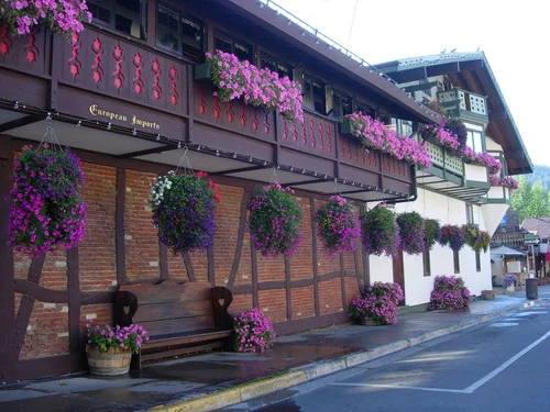 Leavenworth Bavarian Village with bright pink flowers