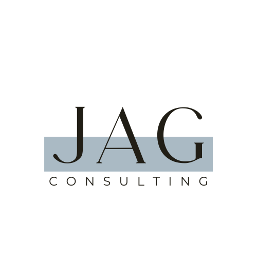 Logo for JAG Consulting with the word 'JAG' in large letters and 'Consulting' underneath, with a light blue horizontal bar behind the text.