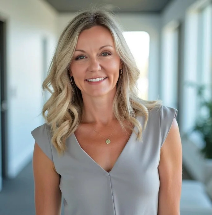 A smiling blonde woman in a light gray top standing in a bright room with large windows.