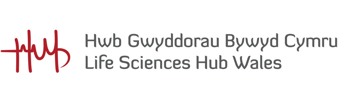 Logo of the Life Sciences Hub Wales, featuring stylized red heartbeat line and Welsh language text with the English translation.