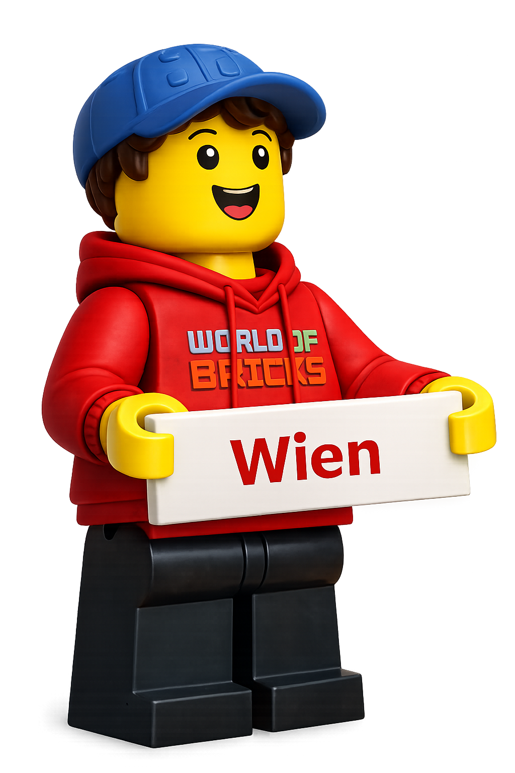 LEGO-Figur mit blauer Kappe, rotem Pullover mit "World of Bricks" Schriftzug, hält ein Schild mit der Aufschrift "Wien".