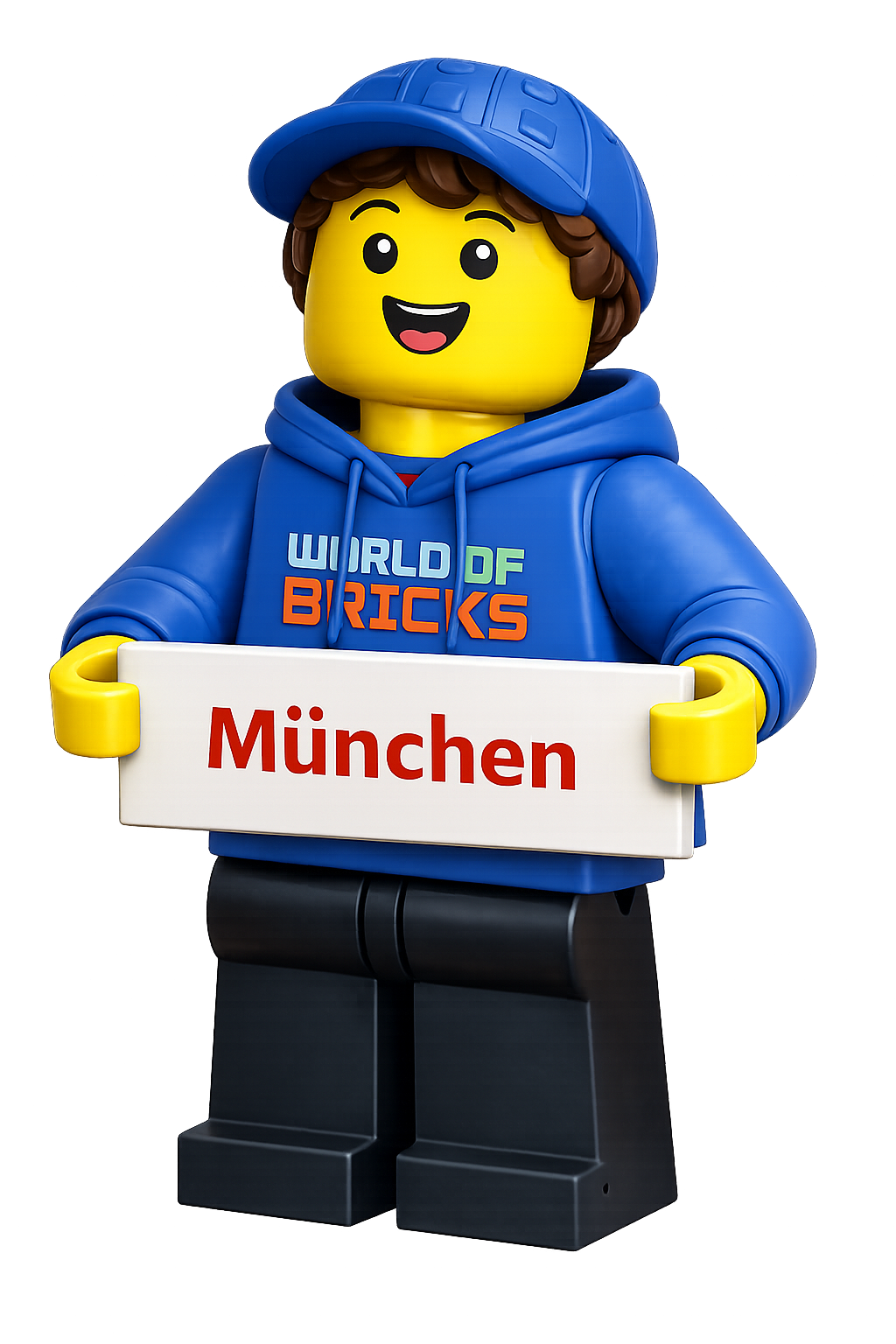 Eine LEGO-Figur mit braunen Haaren, blauer Kapuzenjacke mit dem Aufdruck 'WORLD BRICKS', blauer Mütze, hält ein Schild mit der Aufschrift 'München'.