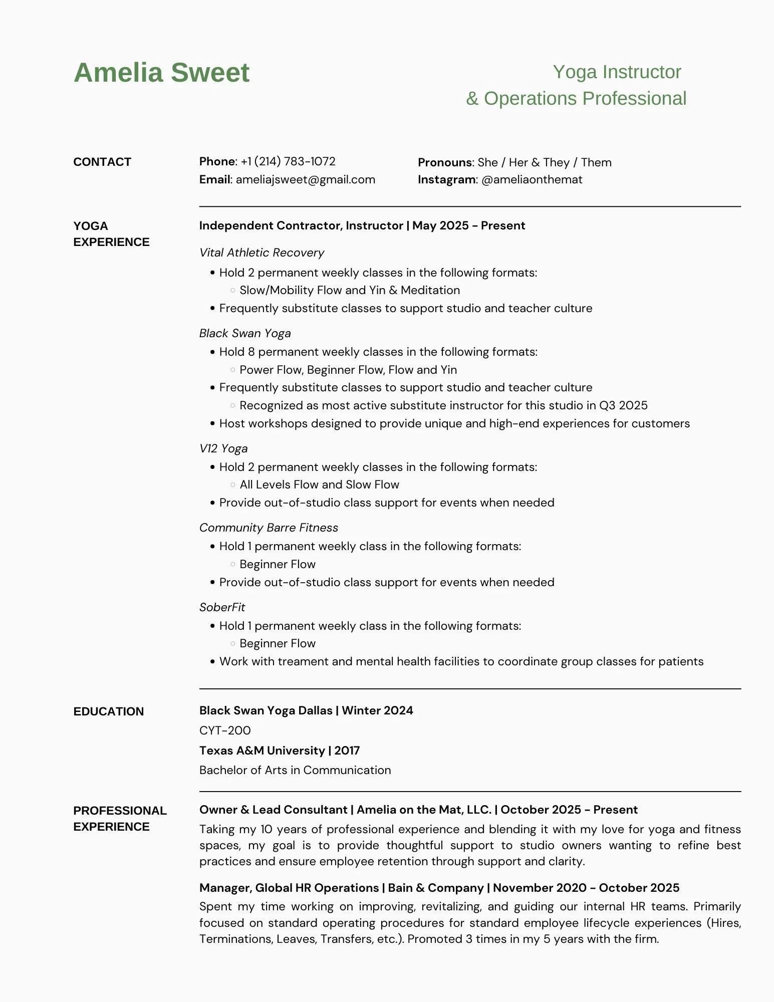 A professional resume for Amelia Sweet, a yoga instructor and operations professional, listing contact information, work experience, education, and current employment details.