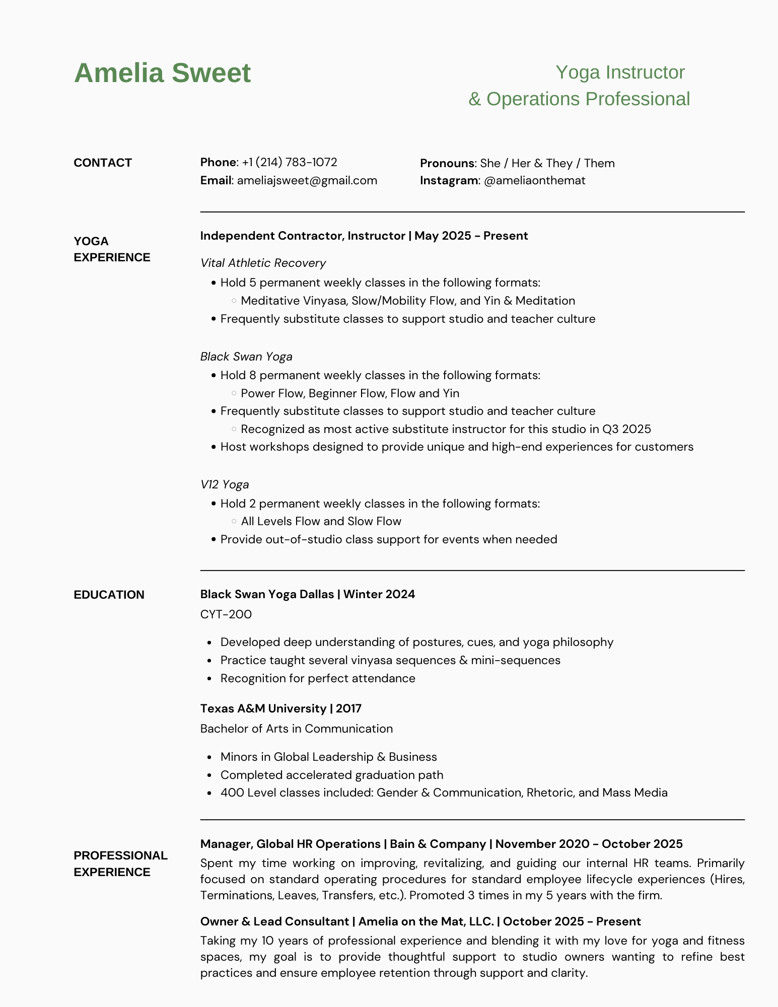 A professional resume for Amelia Sweet, a yoga instructor and operations professional, listing contact information, pronouns, Instagram handle, and detailed experience, education, and professional background with a clean, minimalist layout.