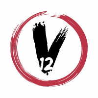 A stylized black 'V' with the number '12' inside, surrounded by a red brushstroke circle.