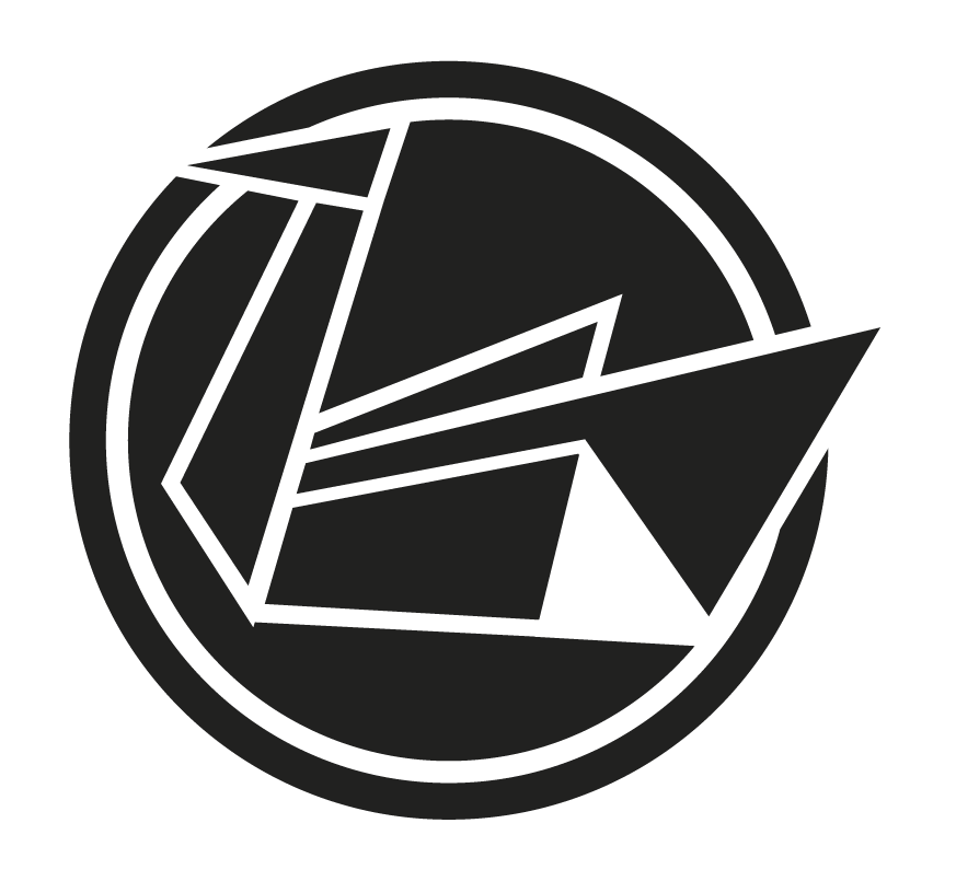 Neon sign with abstract geometric design in white on black background