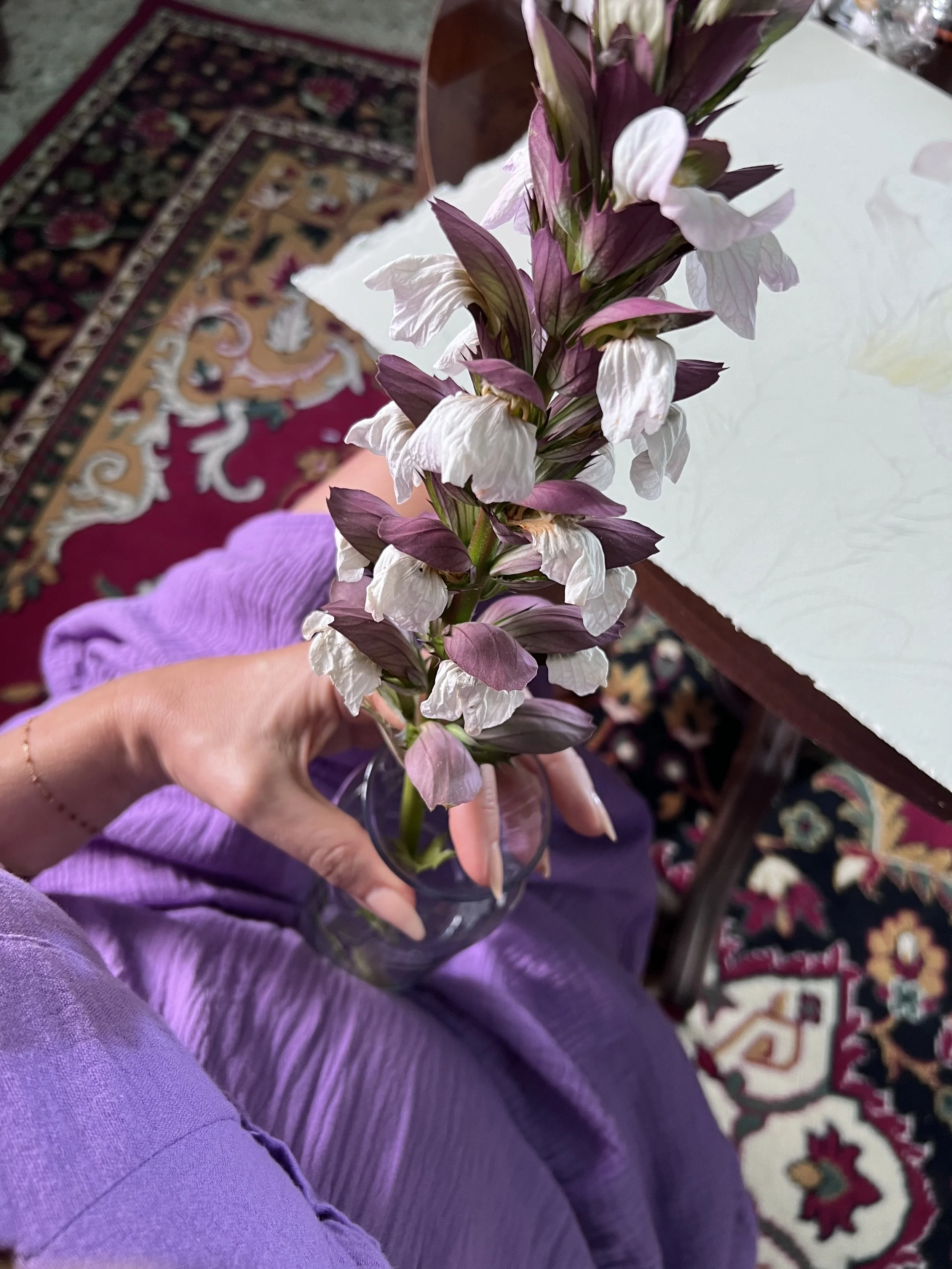 Person holding a small glass vase with a tall stem of purple and white flowers, wearing purple pants and sitting on a purple blanket in a room with a colorful ornate rug and a white table.