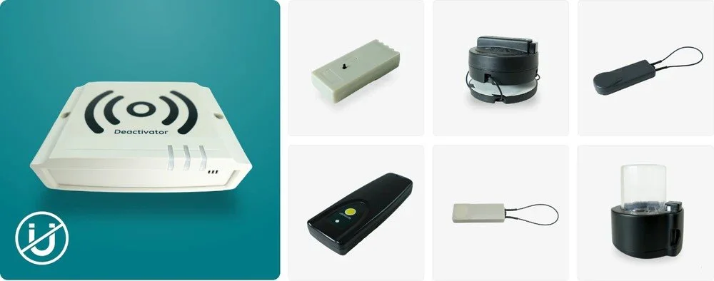 Collection of electronic devices, including a wireless deactivator, remote controls, a small device with a label, and various gadgets with straps or cords.