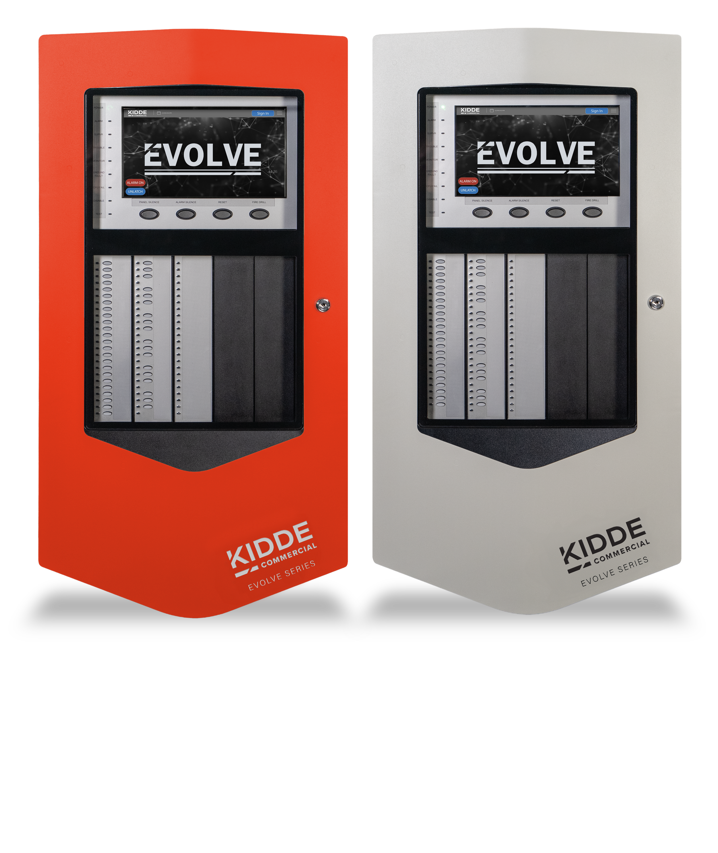 Close-up of a dual fire alarm control panel, with the left panel having an orange background and the right panel having a silver background. Both panels display the brand "KIDDE" and the words "EVOLVE SERIES."