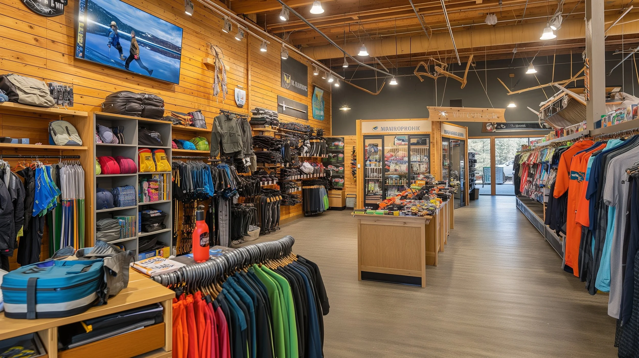 Interior of a sporting goods store with racks of clothing, accessories, and outdoor gear, wooden walls, and ceiling lights.