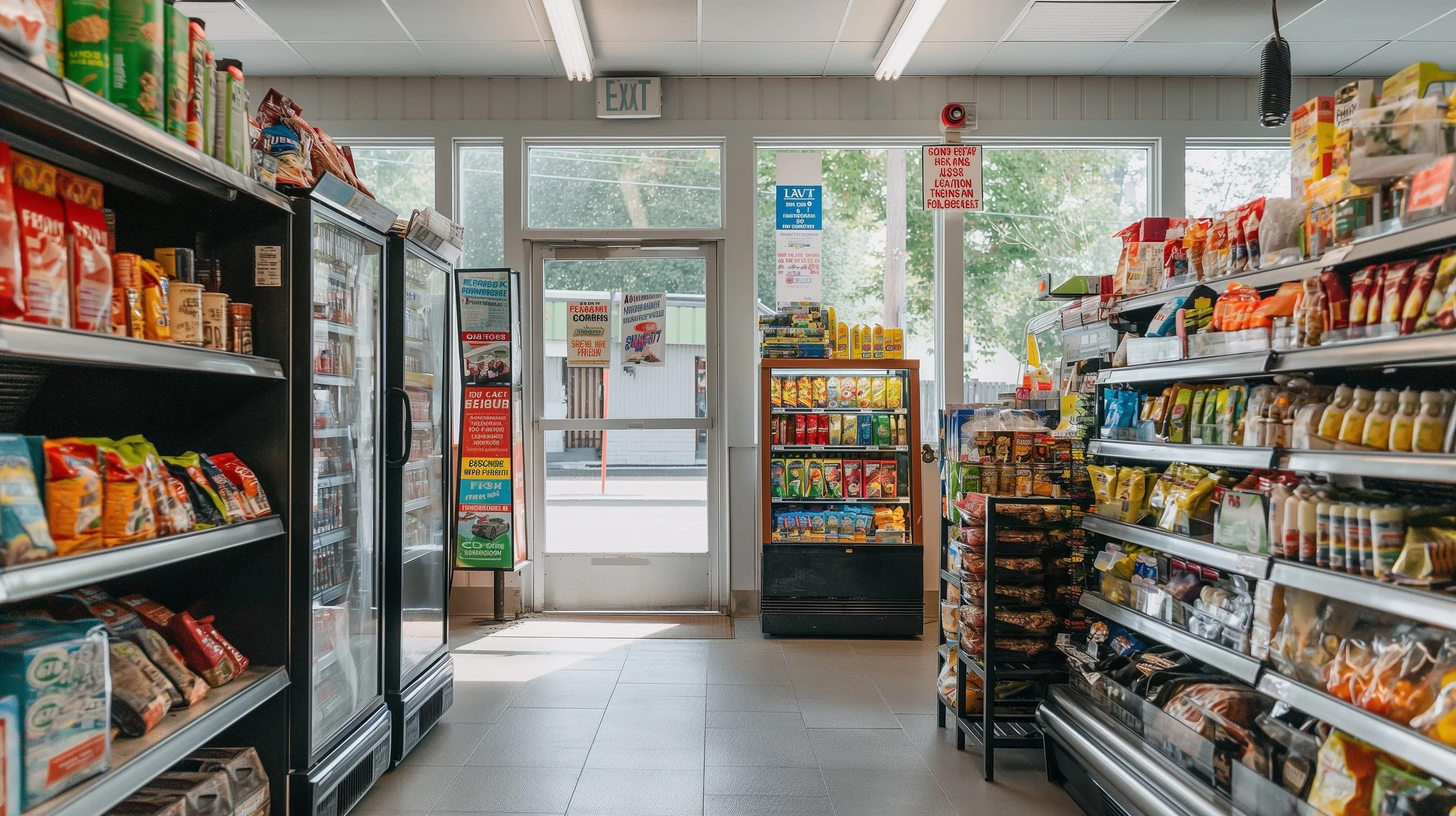 Inside view of a convenience store with shelves stocked with snacks, near the entrance door, through which outdoor greenery is visible.